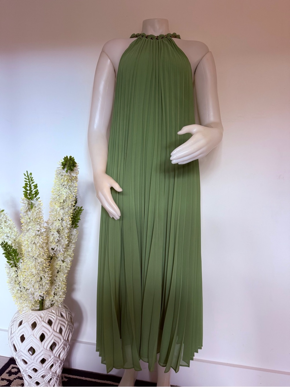 Zimmermann Sunray Pleat Midi Dress Sage Green Size 0 XS Gold Chain Halter